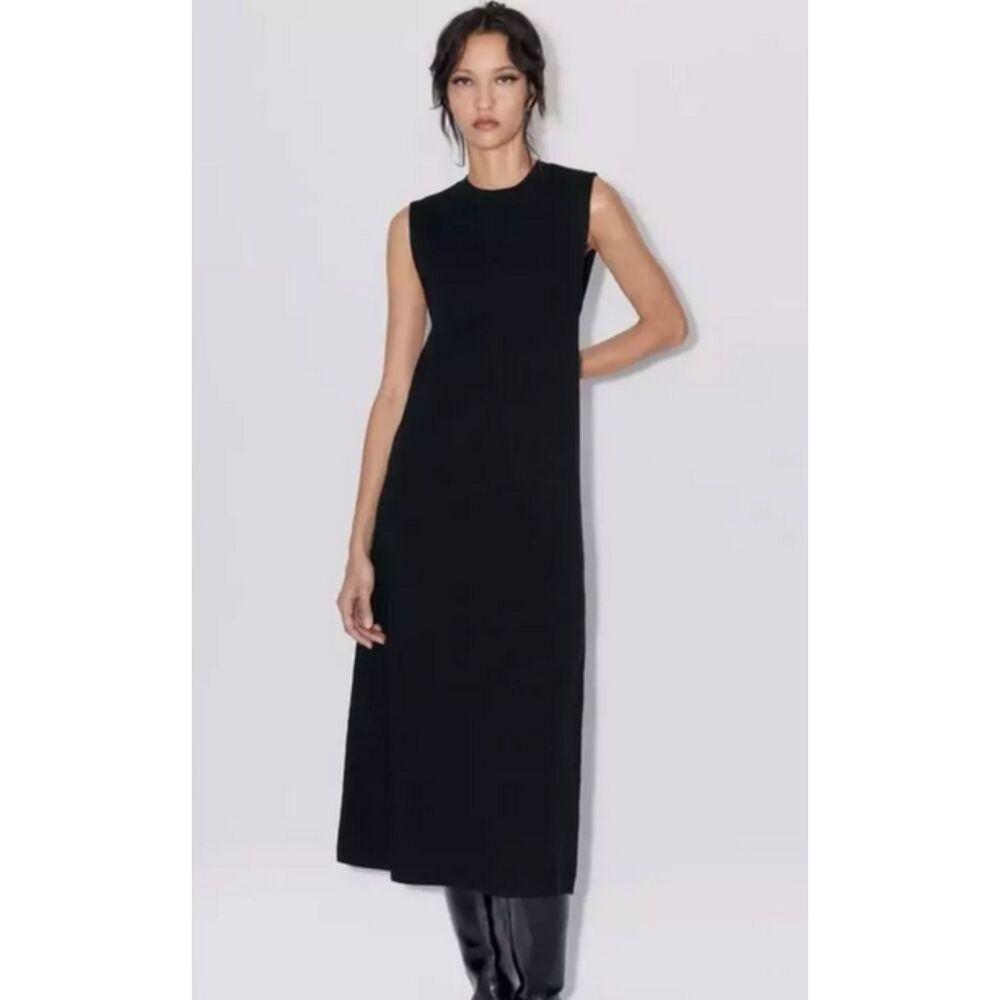 Black Zara Round Neck Rib Trim Pullover Sleeveless Knit Long Midi Dress (NWT)